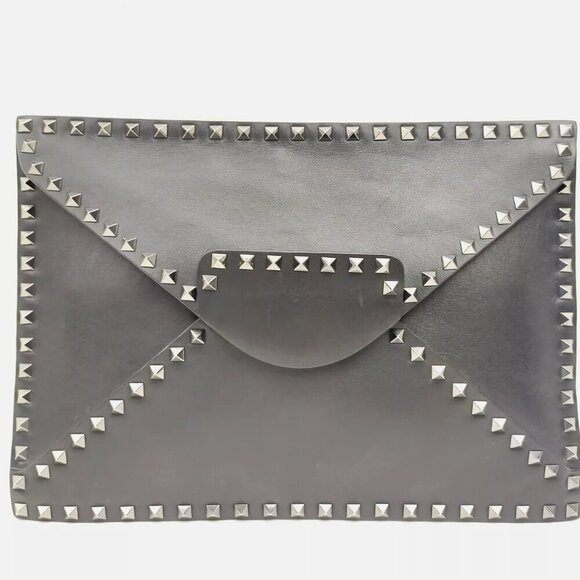 Valentino Garavani oversized black gray gunmetal stud envelope clutch - Picture 1 of 8